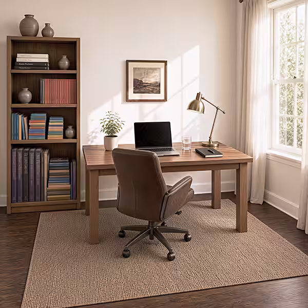 Sunny study room with partial window view, dark wood floor, bookcase, and brown cloth office chair at a wood desk with laptop and a lit lamp.