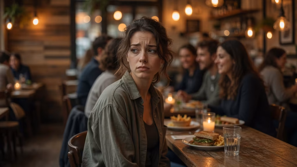 Woman out eating and feeling shame