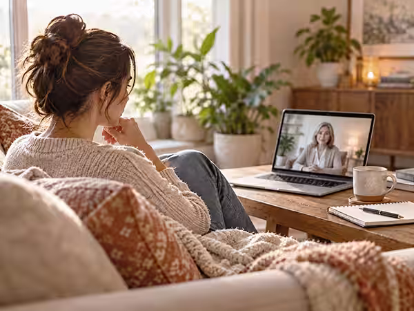 Woman sitting on couch in teletherapy, looking at laptop on table in warm sunlit room with candle in the background