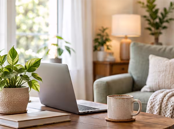 Close up of table with laptop, book, plant, and mug. In the background is a Green chair with cream colored blanket and pillow. There is a lit lamp behind the chair and sunlit window to the left.